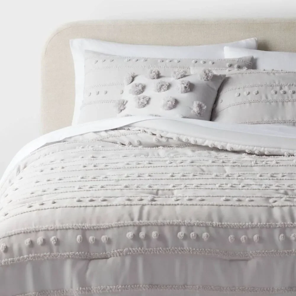 8pc Queen Clipped Stripe Poms Comforter and Sheet Set Gray -